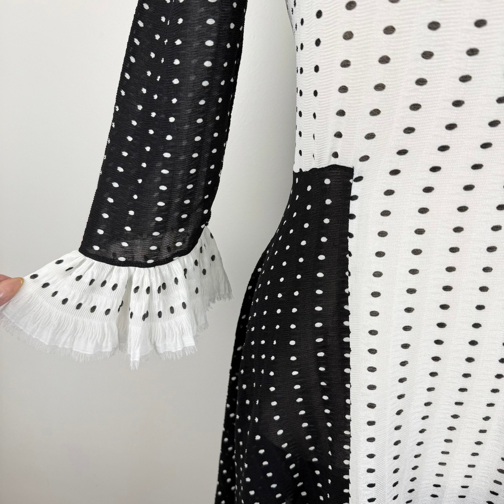Black & White Polka Dot Ruffle Mini Dress Square Neck 3/4 Sleeve Textured Boho - Picture 4 of 7